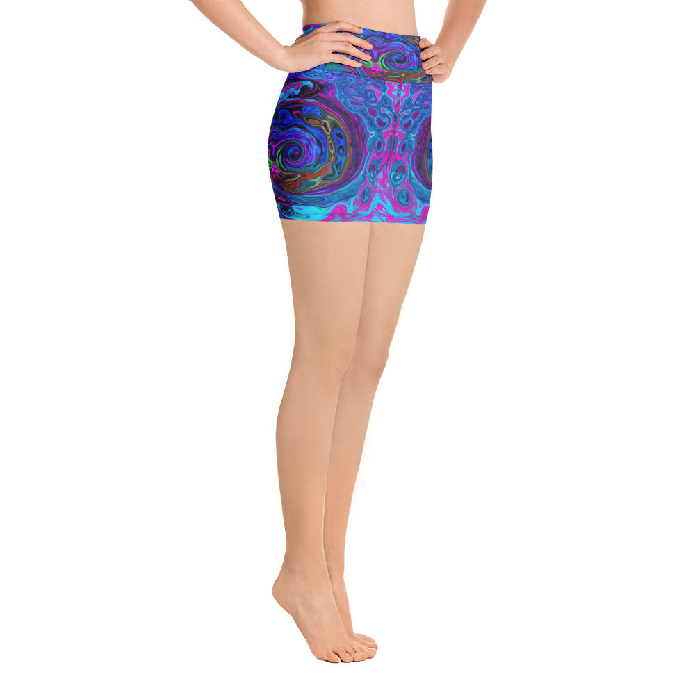 Yoga Shorts for Women, Groovy Abstract Retro Blue and Purple Swirl