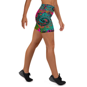 Yoga Shorts for Women, Trippy Turquoise Abstract Retro Liquid Swirl