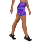 Yoga Shorts for Women, Groovy Abstract Retro Magenta and Purple Swirl
