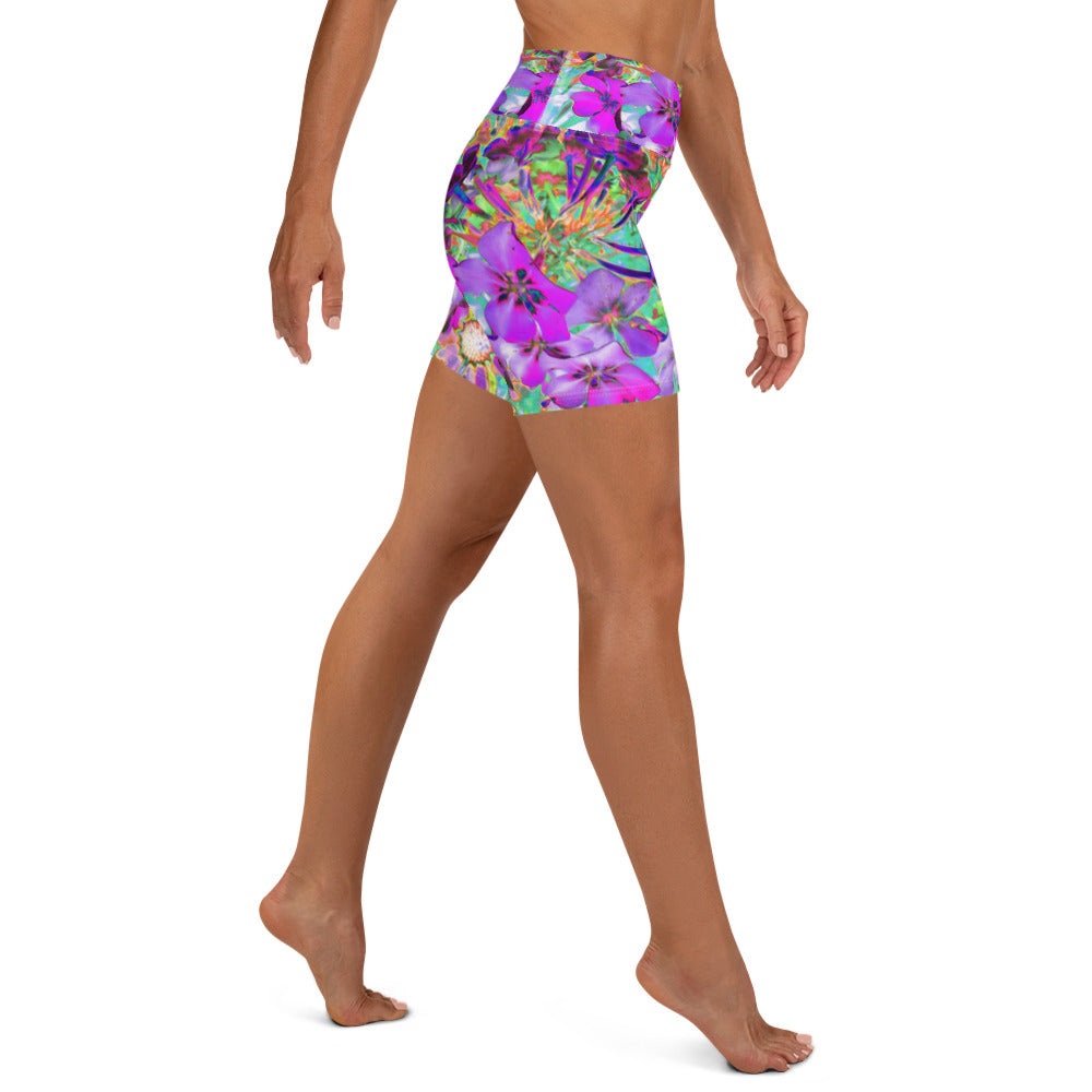 Yoga Shorts, Dramatic Psychedelic Magenta and Purple Flowers