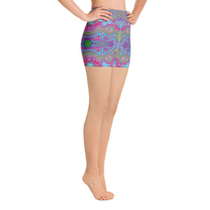 Yoga Shorts, Wavy Sky Blue Multicolored Trippy Pattern