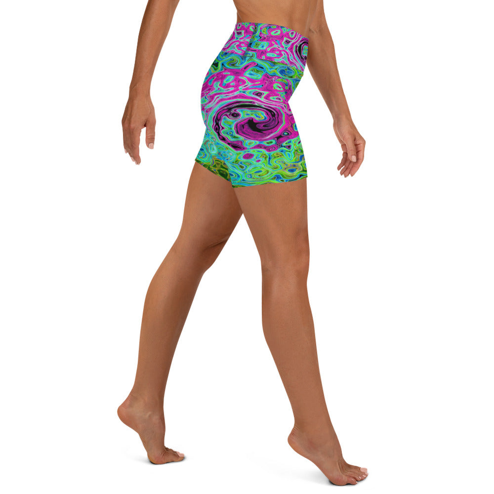 Yoga Shorts, Hot Pink and Blue Groovy Abstract Retro Liquid Swirl