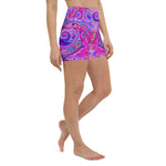 Yoga Shorts for Women, Retro Purple and Orange Abstract Groovy Swirl