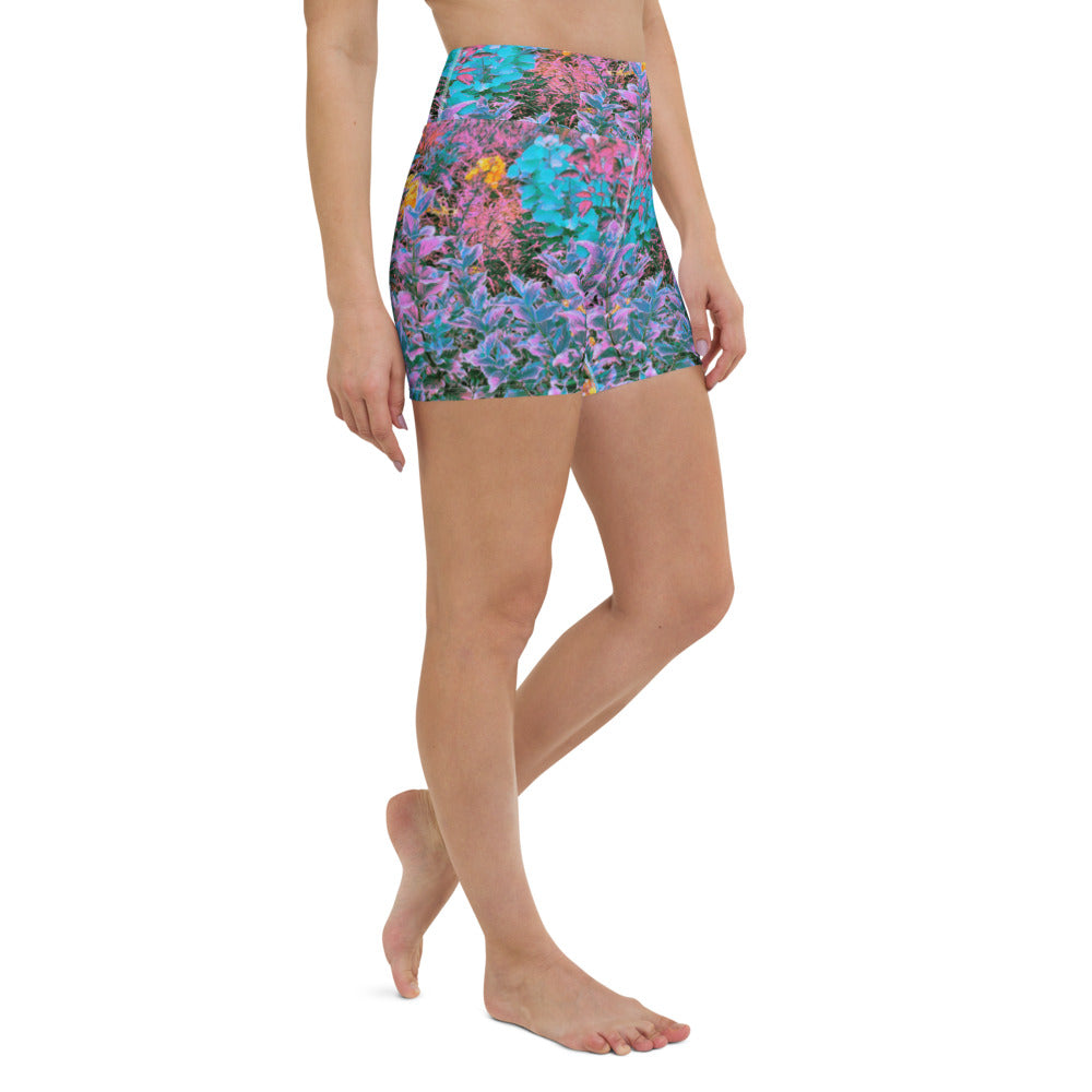 Yoga Shorts for Women, Abstract Coral, Pink, Green and Aqua Garden Foliage