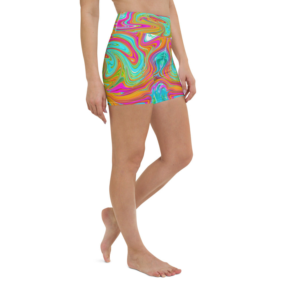 Yoga Shorts for Women, Blue, Orange and Hot Pink Groovy Abstract Retro Art