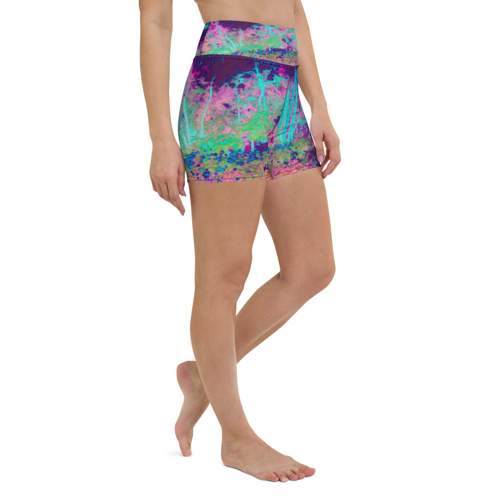 Yoga Shorts for Women, Impressionistic Purple and Hot Pink Garden Landscape