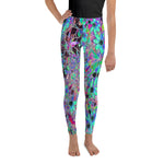 Youth Leggings for Girls, Purple Garden with Psychedelic Aquamarine Flowers
