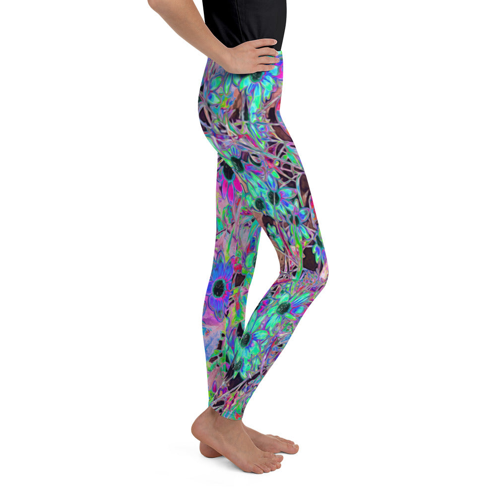 Youth Leggings for Girls, Purple Garden with Psychedelic Aquamarine Flowers