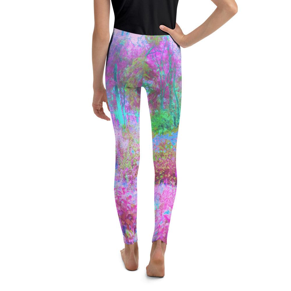 Youth Leggings for Girls, Impressionistic Pink and Turquoise Garden Landscape