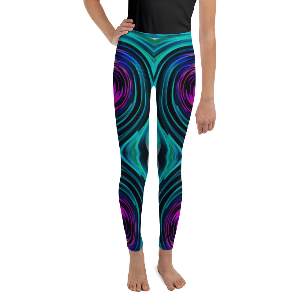 Youth Leggings for Boys and Girls, Dramatic Black and Turquoise Abstract Retro Twirl