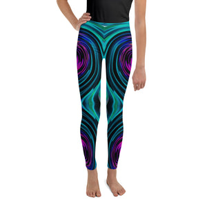 Youth Leggings for Boys and Girls, Dramatic Black and Turquoise Abstract Retro Twirl