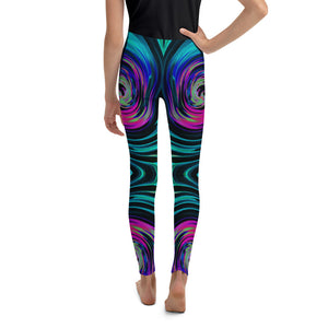 Youth Leggings for Boys and Girls, Dramatic Black and Turquoise Abstract Retro Twirl