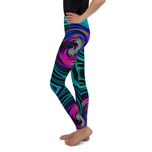 Youth Leggings for Boys and Girls, Dramatic Black and Turquoise Abstract Retro Twirl