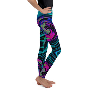 Youth Leggings for Boys and Girls, Dramatic Black and Turquoise Abstract Retro Twirl