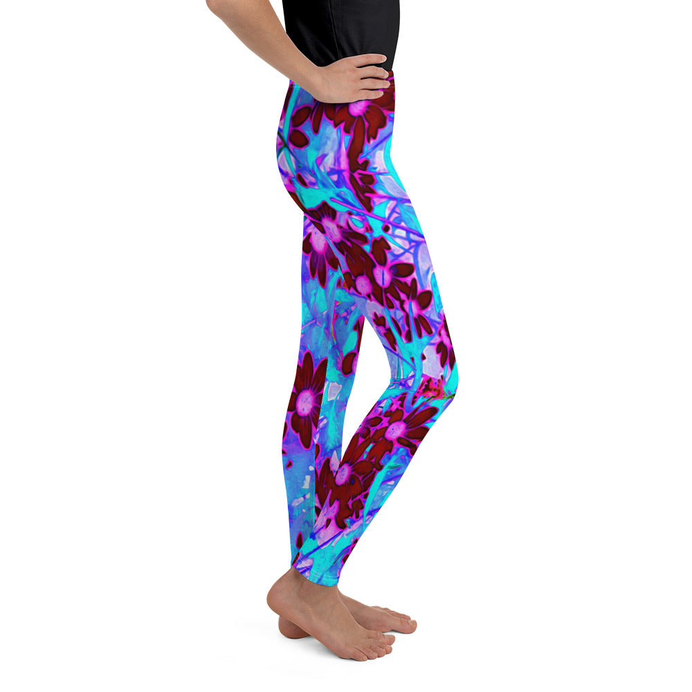 Youth Leggings for Girls, Crimson Red and Pink Wildflowers on Blue