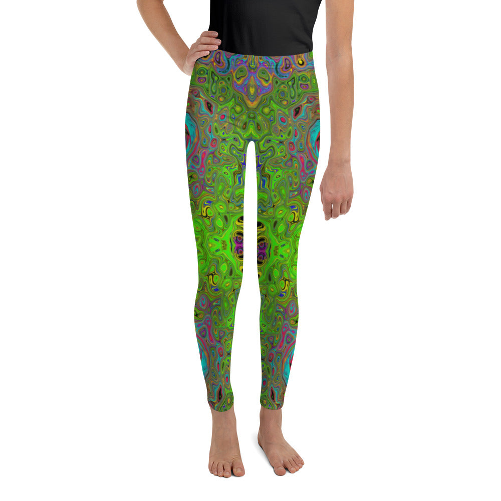 Youth Leggings for Boys and Girls, Groovy Abstract Retro Lime Green and Blue Swirl