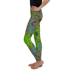 Youth Leggings for Boys and Girls, Groovy Abstract Retro Lime Green and Blue Swirl