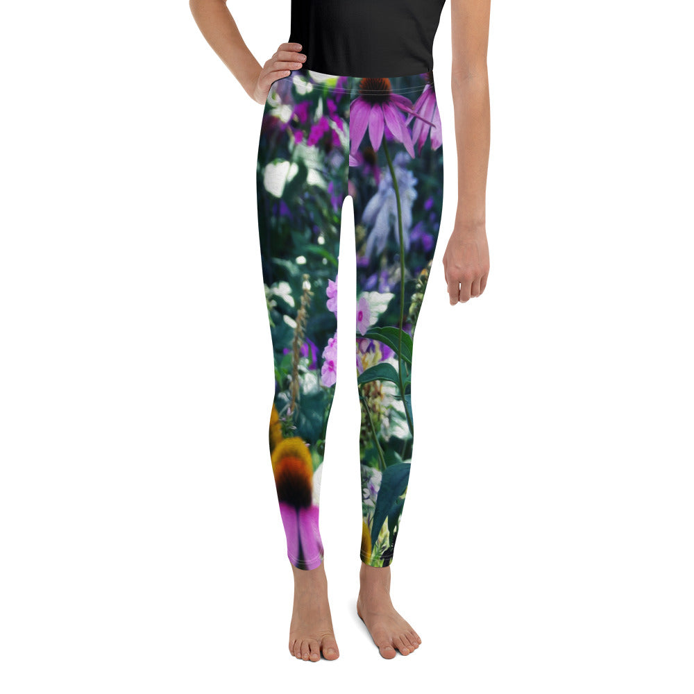 Youth Leggings for Girls, Pink Garden Phlox Landscape with Cone Flowers