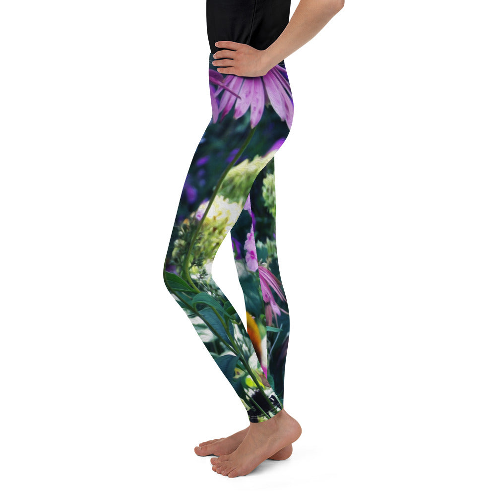 Youth Leggings for Girls, Pink Garden Phlox Landscape with Cone Flowers