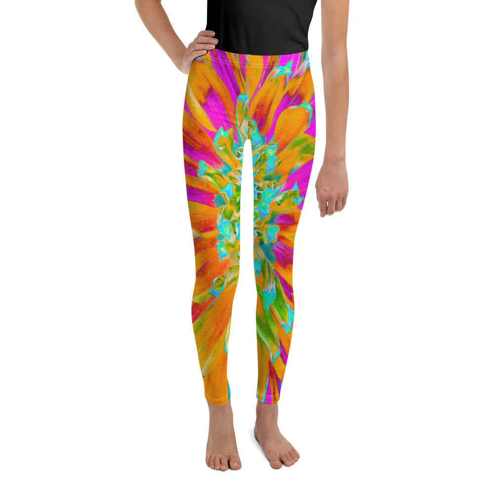 Youth Leggings for Girls, Tropical Orange and Hot Pink Decorative Dahlia