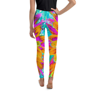 Youth Leggings for Girls, Tropical Orange and Hot Pink Decorative Dahlia