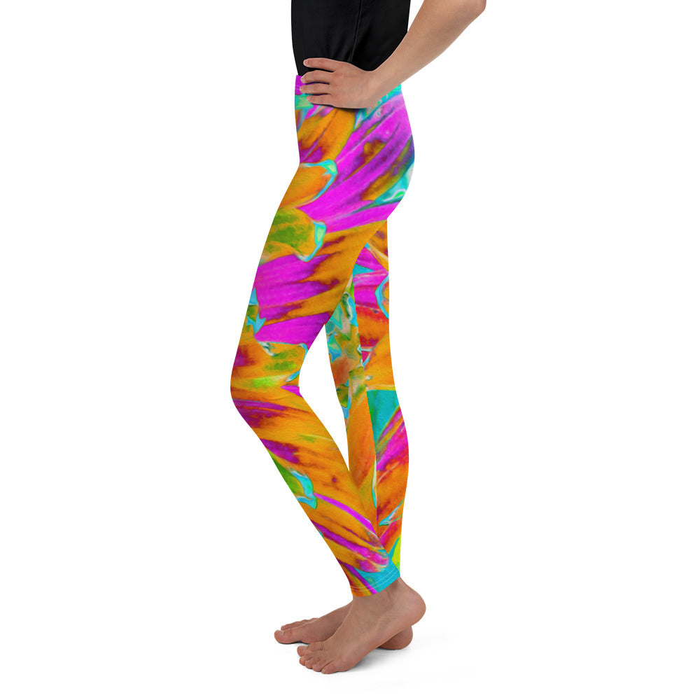 Youth Leggings for Girls, Tropical Orange and Hot Pink Decorative Dahlia