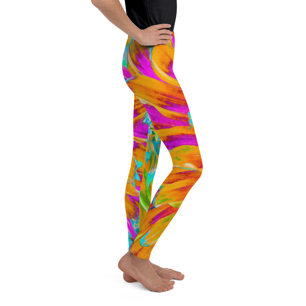 Youth Leggings for Girls, Tropical Orange and Hot Pink Decorative Dahlia