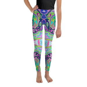 Youth Leggings for Girls and Boys, Groovy Abstract Aqua and Navy Lava Swirl