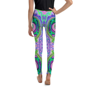 Youth Leggings for Girls and Boys, Groovy Abstract Aqua and Navy Lava Swirl