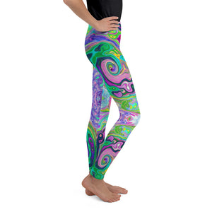 Youth Leggings for Girls and Boys, Groovy Abstract Aqua and Navy Lava Swirl