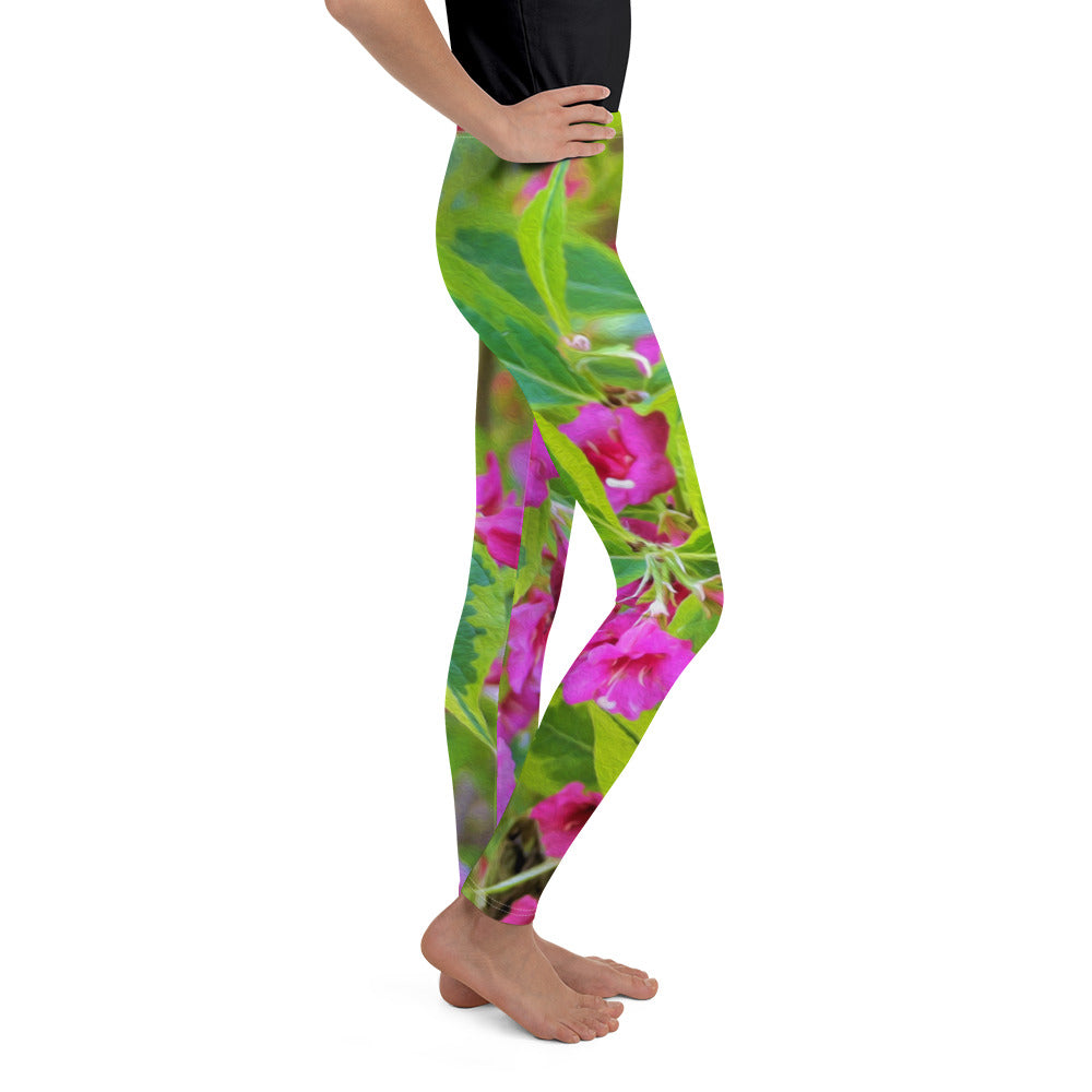 Youth Leggings for Girls, Beautiful Green Weigela with Crimson Flowers