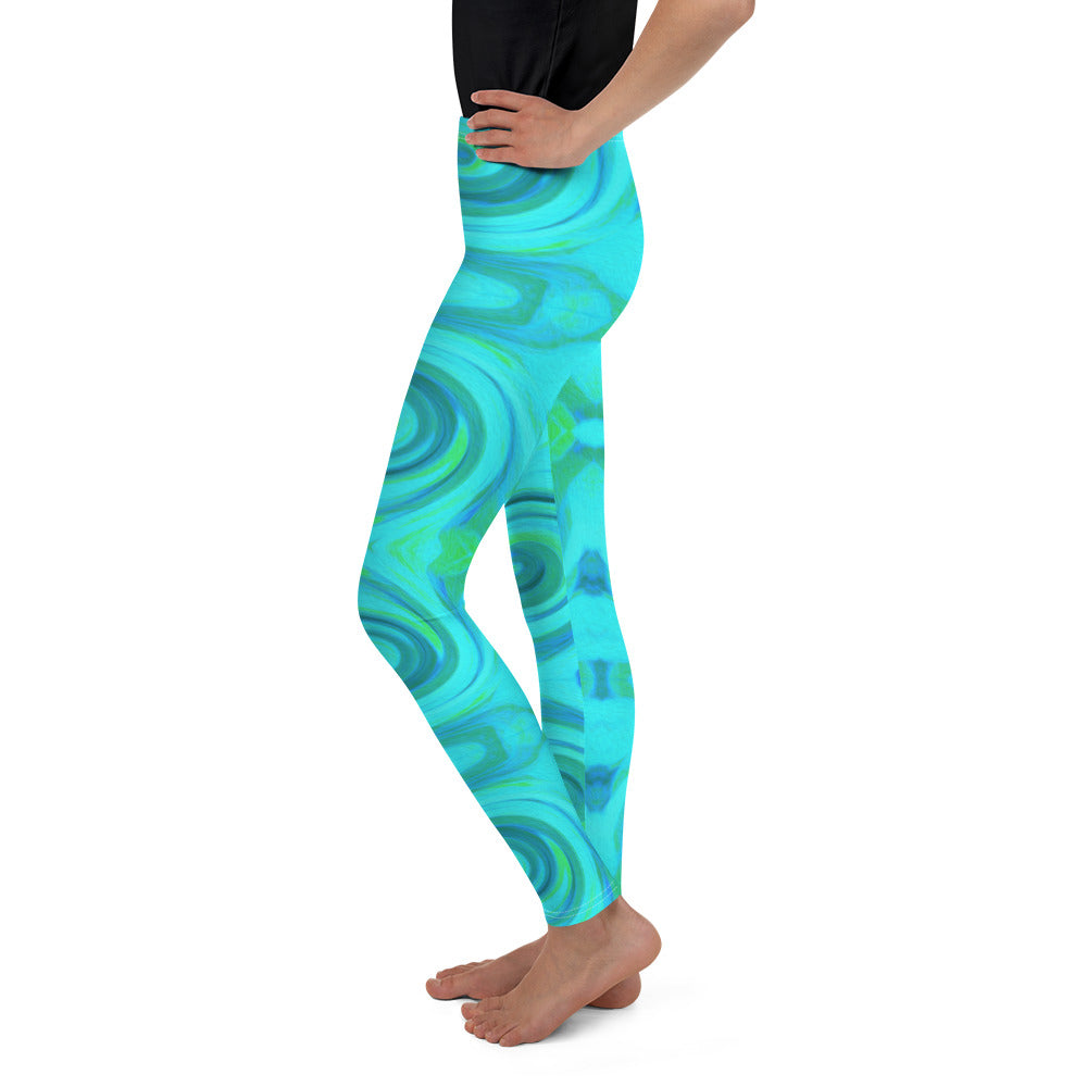Youth Leggings for Girls, Groovy Cool Abstract Aqua Liquid Art Swirl Pattern