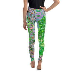 Youth Leggings for Girls and Boys, Trippy Lime Green and Pink Abstract Retro Swirl