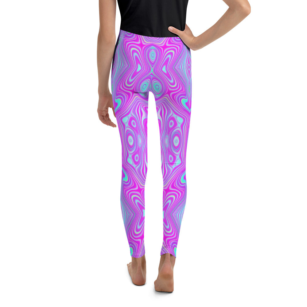 Youth Leggings, Trippy Hot Pink and Aqua Blue Abstract Pattern