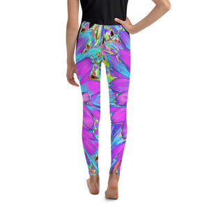 Youth Leggings, Trippy Abstract Aqua, Lime Green and Purple Dahlia