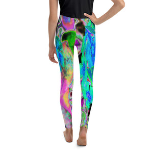 Youth Leggings, Psychedelic Trippy Lime Green and Blue Flowers