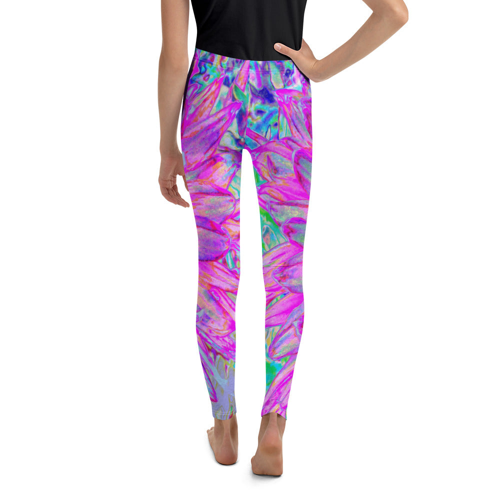 Youth Leggings for Girls, Cool Pink Blue and Purple Artsy Dahlia Bloom