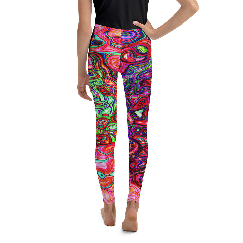 Youth Leggings for Girls and Boys, Watercolor Red Groovy Abstract Retro Liquid Swirl