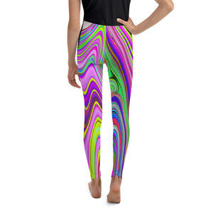 Youth Leggings for Girls, Trippy Yellow and Pink Abstract Groovy Retro Art