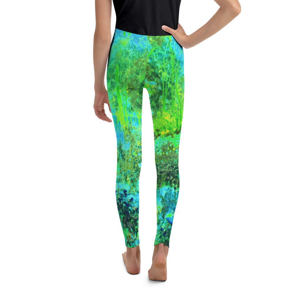 Youth Leggings, Trippy Lime Green and Blue Impressionistic Landscape