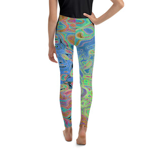 Youth Leggings, Watercolor Blue Groovy Abstract Retro Liquid Swirl