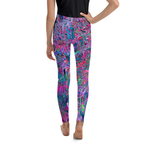 Youth Leggings, Abstract Psychedelic Rainbow Colors Foliage Garden