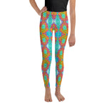Youth Leggings for Girls, Abstract Retro Dahlia Pattern in Orange and Teal Blue