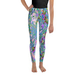 Youth Leggings for Girls, Retro Purple, Green and Blue Wildflowers on Pink