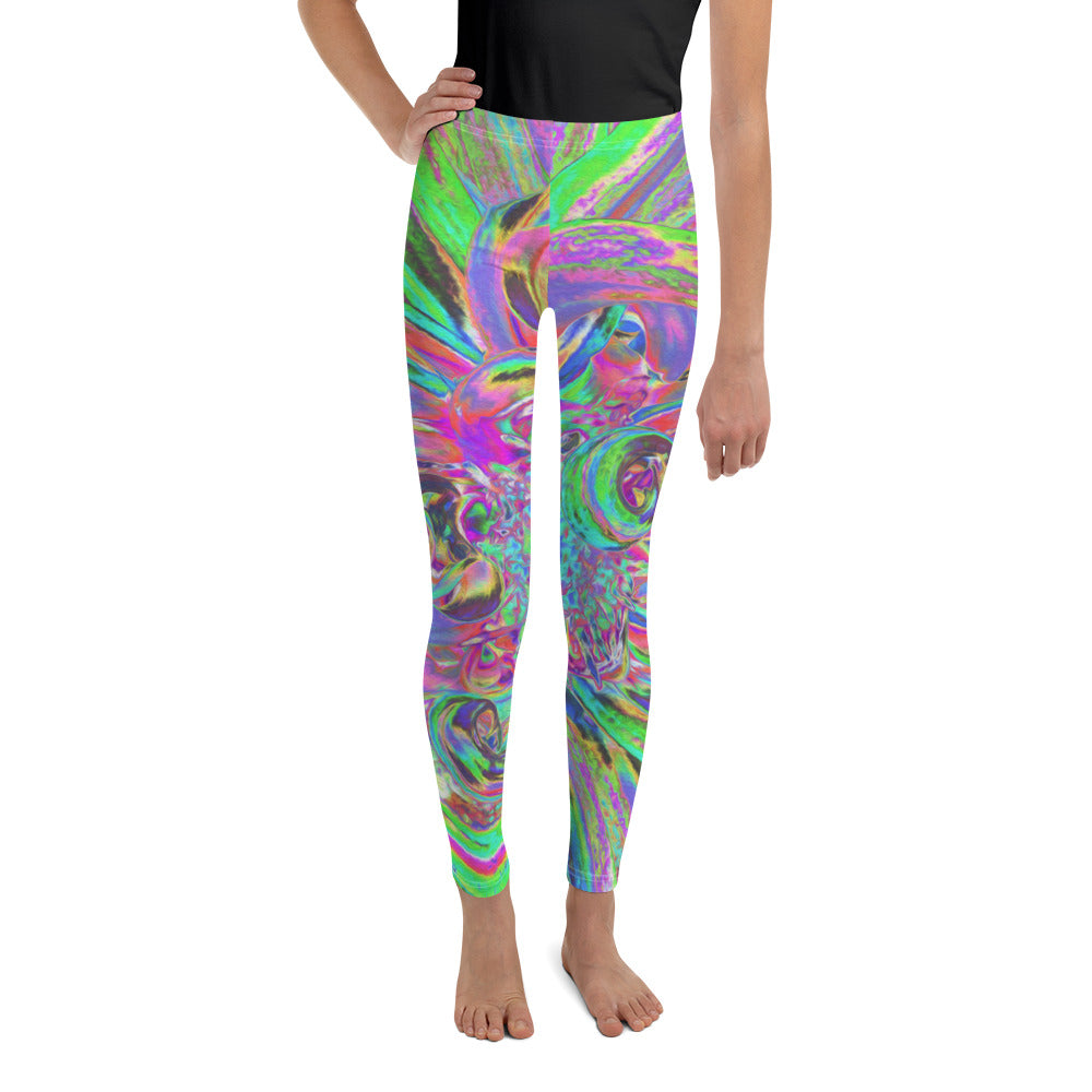 Youth Leggings for Girls, Festive Colorful Psychedelic Dahlia Flower Petals