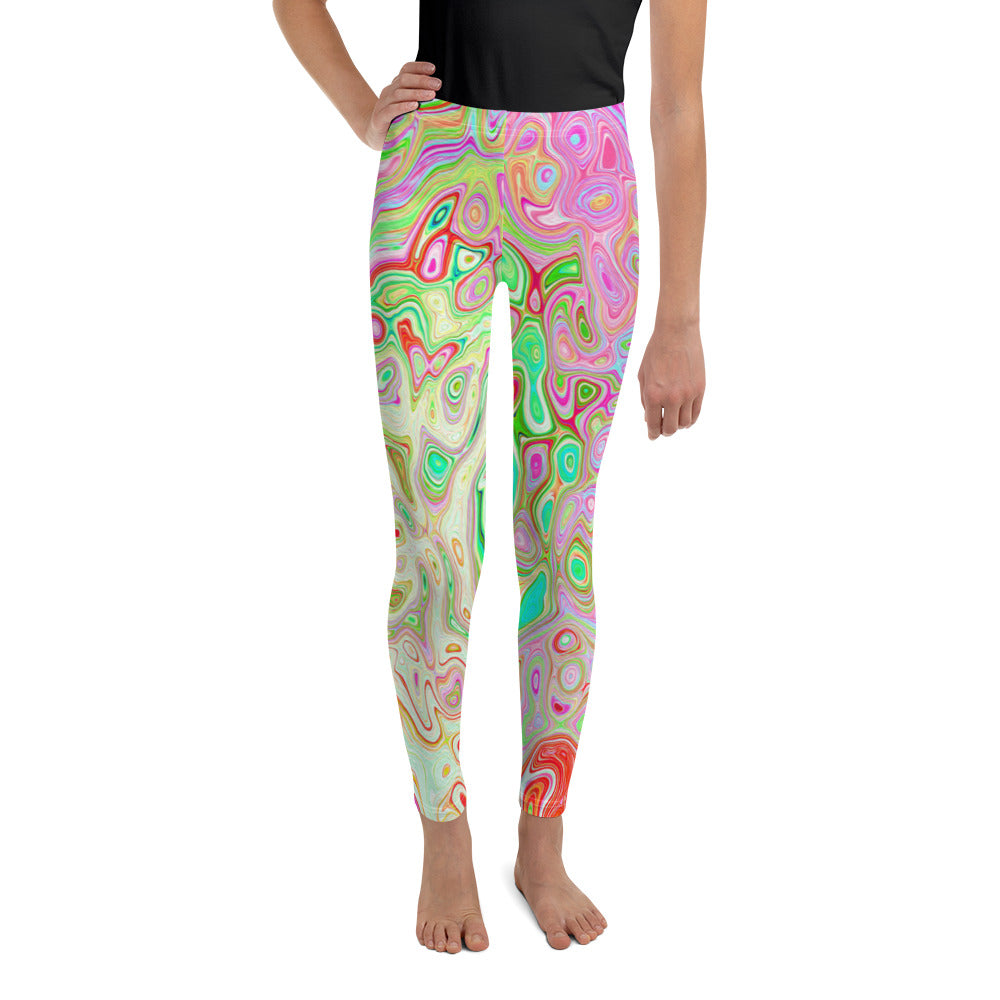Youth Leggings for Girls, Groovy Abstract Retro Pastel Green Liquid Swirl