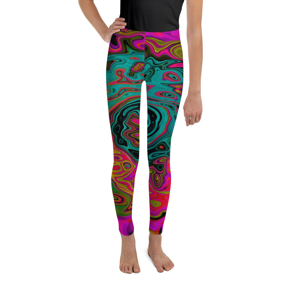 Youth Leggings for Girls, Trippy Turquoise Abstract Retro Liquid Swirl