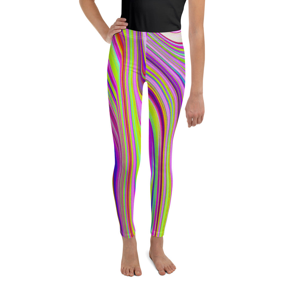 Youth Leggings for Girls, Trippy Yellow and Pink Abstract Groovy Retro Art