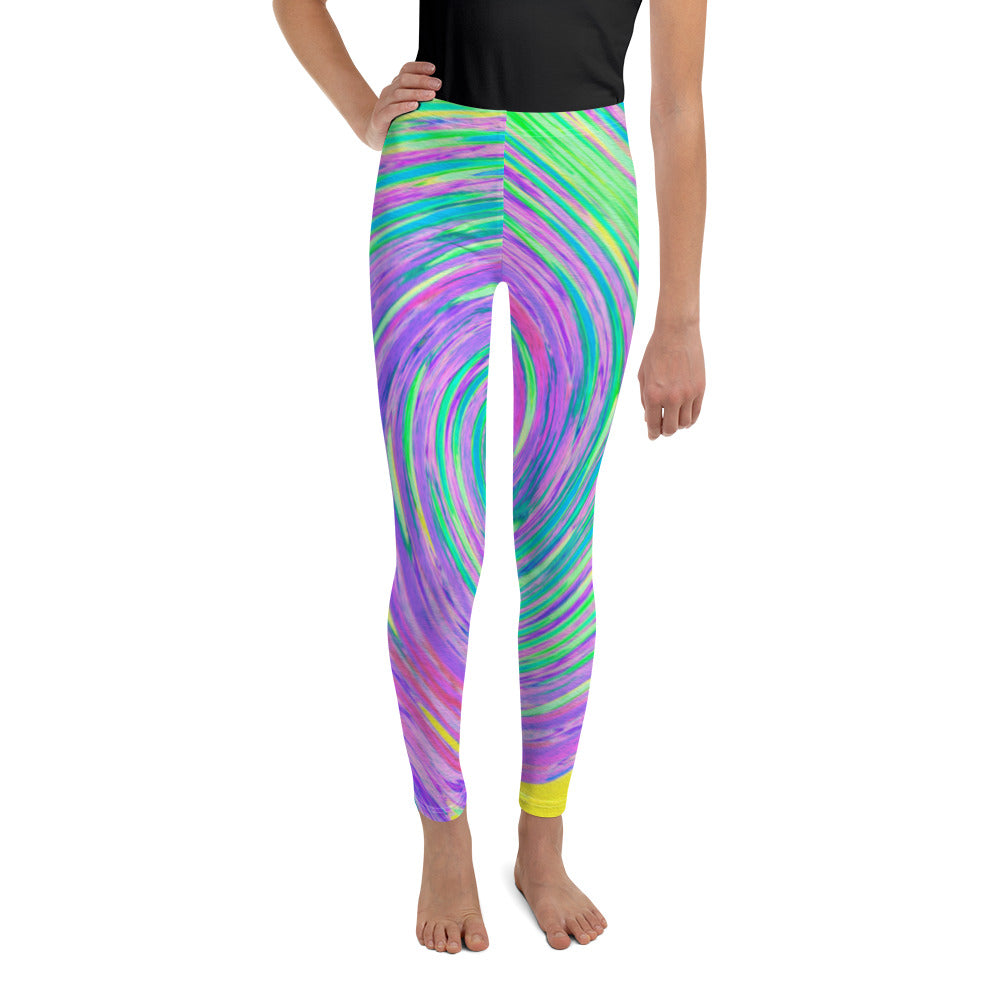 Youth Leggings, Turquoise Blue and Purple Abstract Swirl