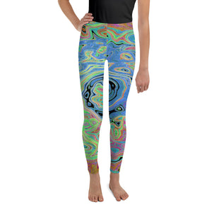 Youth Leggings, Watercolor Blue Groovy Abstract Retro Liquid Swirl